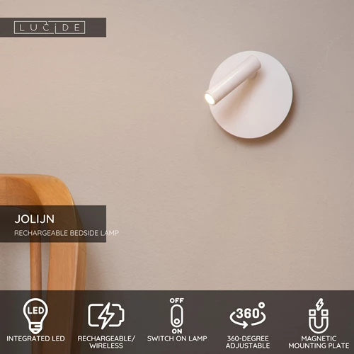 Lucide JOLIJN - Rechargeable Bedside lamp / Wall light - Battery pack - Ø 10,2 cm - LED - 1x2W 3000K - Magnetic - White - USP